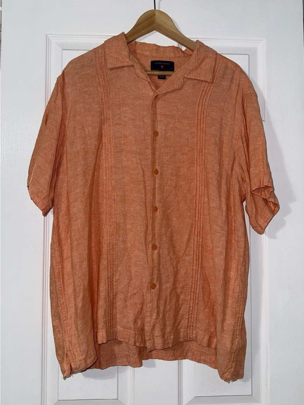 Saddlebred Men's XL Linen Blend Cuban Guayabera Camp Shirt Orange Pintuck